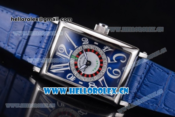 Franck Muller Long Island Las Vegas Asia 2813 Automatic Steel Case with Blue Dial Arabic Numeral Markers and Blue Leather Strap - Click Image to Close